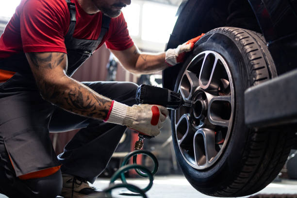 Tyre fitting at Swan Mill workshop